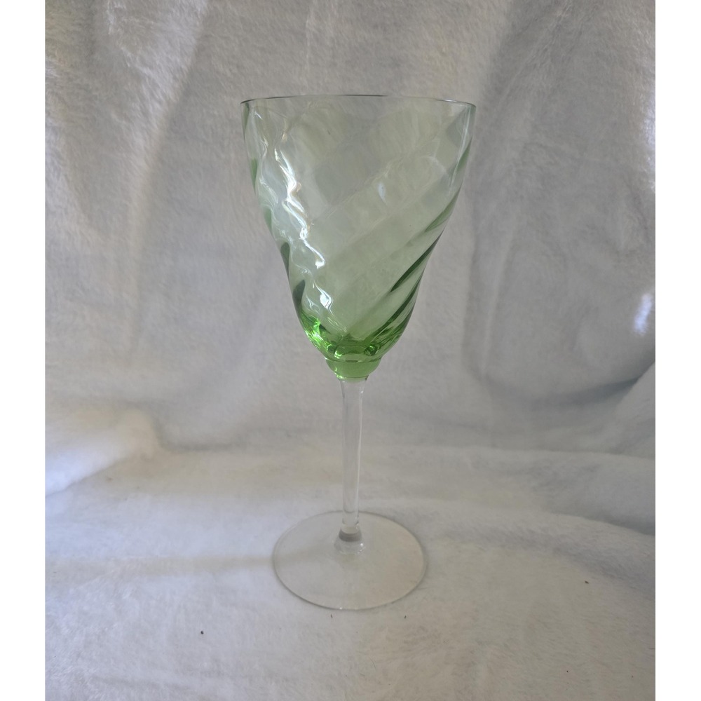 Vintage Green Swirl Optic Water Goblet 8 Inch, Mid Century Elegant Glass Wine